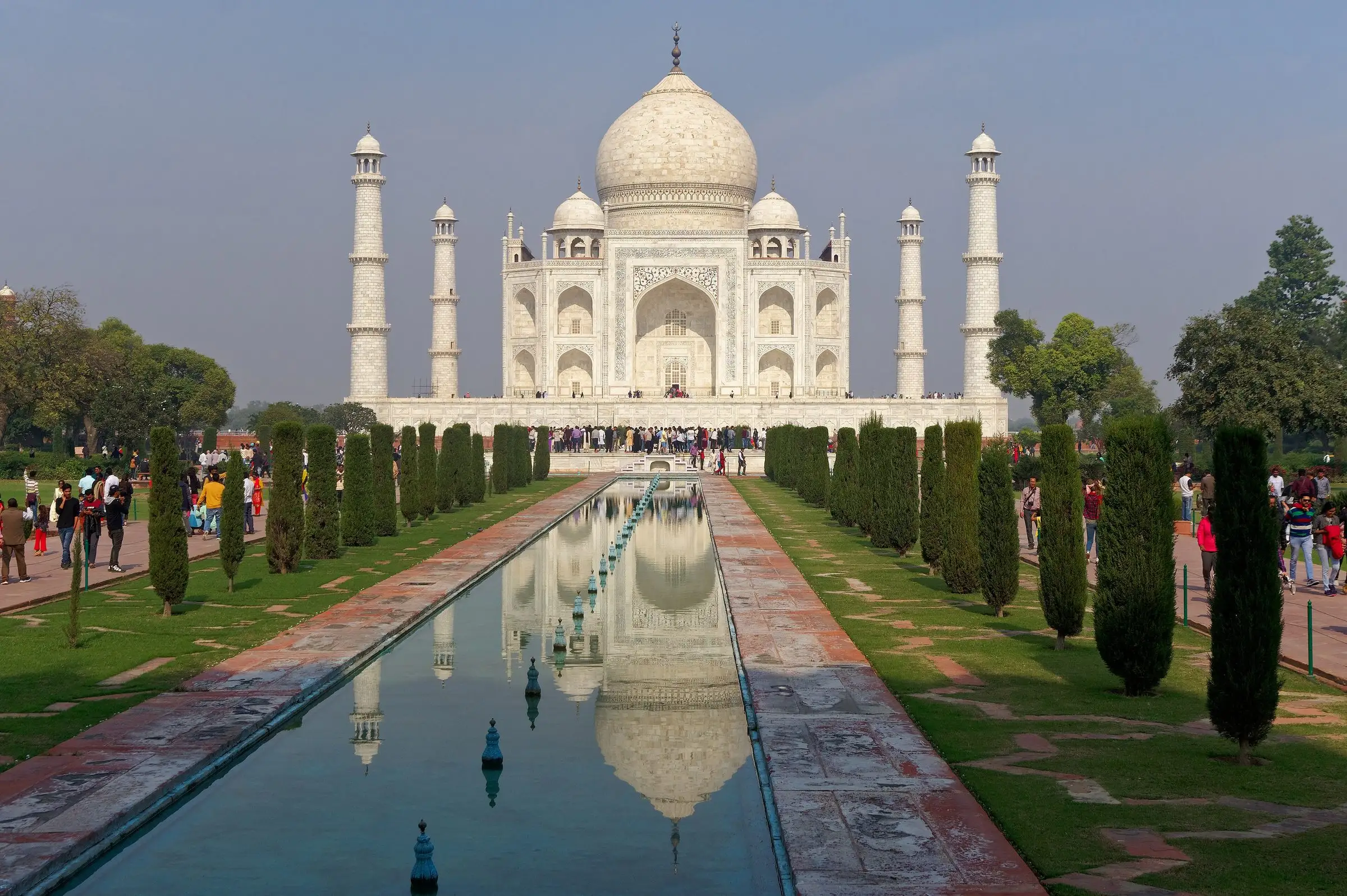 The Taj Mahal reflected in its long garden pool