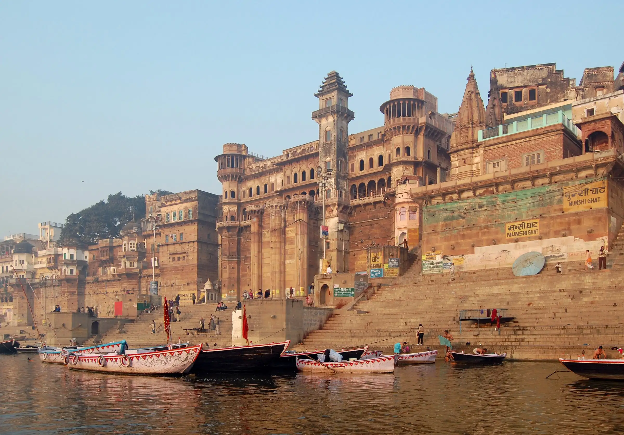 Old buildings and steps of the ghats along the Ganga in Varanasi