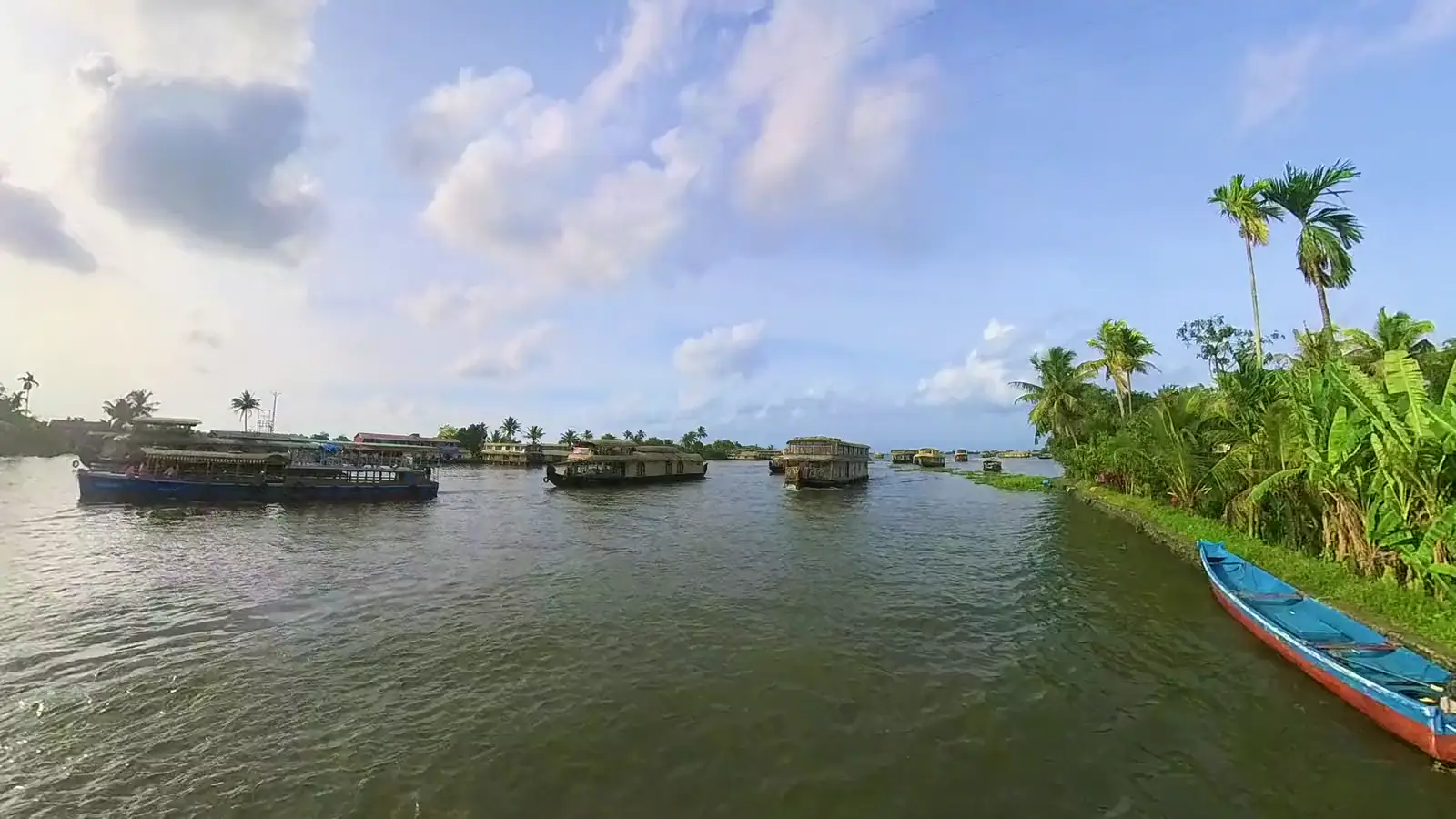 A houseboat with a woven roof on calm backwaters lined with coconut palms