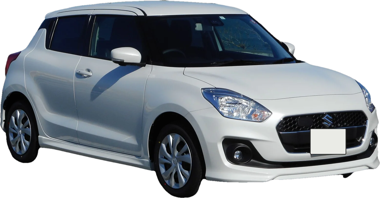 A white Maruti Suzuki Swift hatchback, front three-quarter view